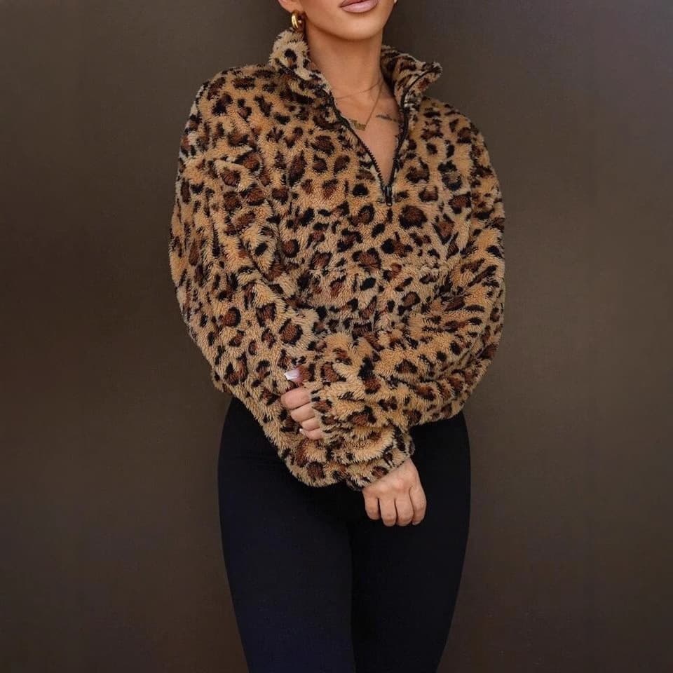 European and American cross-border Amazon AliExpress. Leopard print faux fur short jacket hoodie women's autumn and winter coat