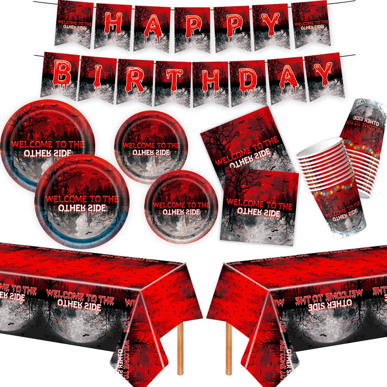 Stranger Things Themed Party Tableware, Paper Plates, Cups, Tablecloths, Birthday Banner Display Supplies