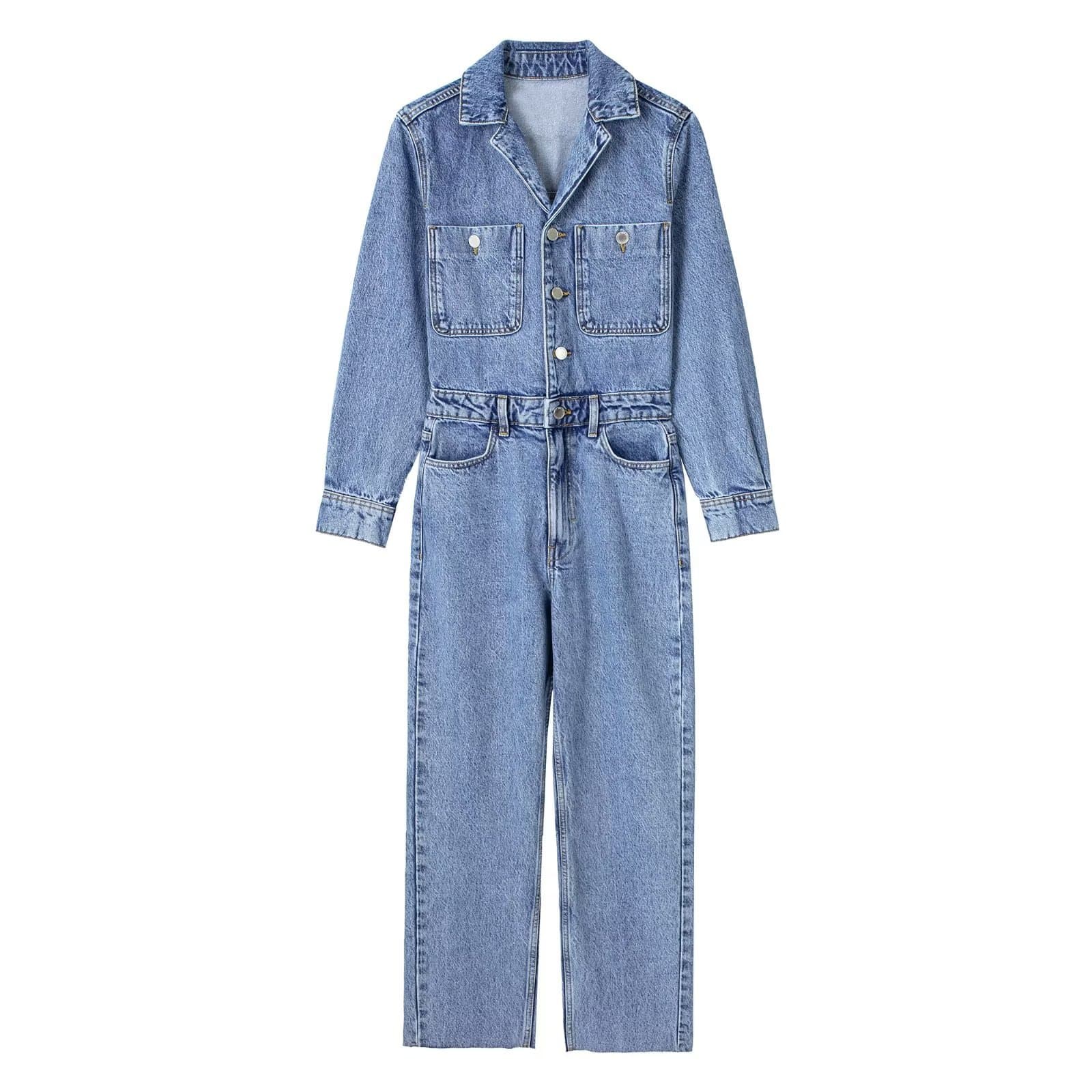 2024 Spring/Autumn New Arrival European and American Style Long-Sleeve Blue Denim Jumpsuit for Women Urban Casual Personality Jumpsuit Pants
