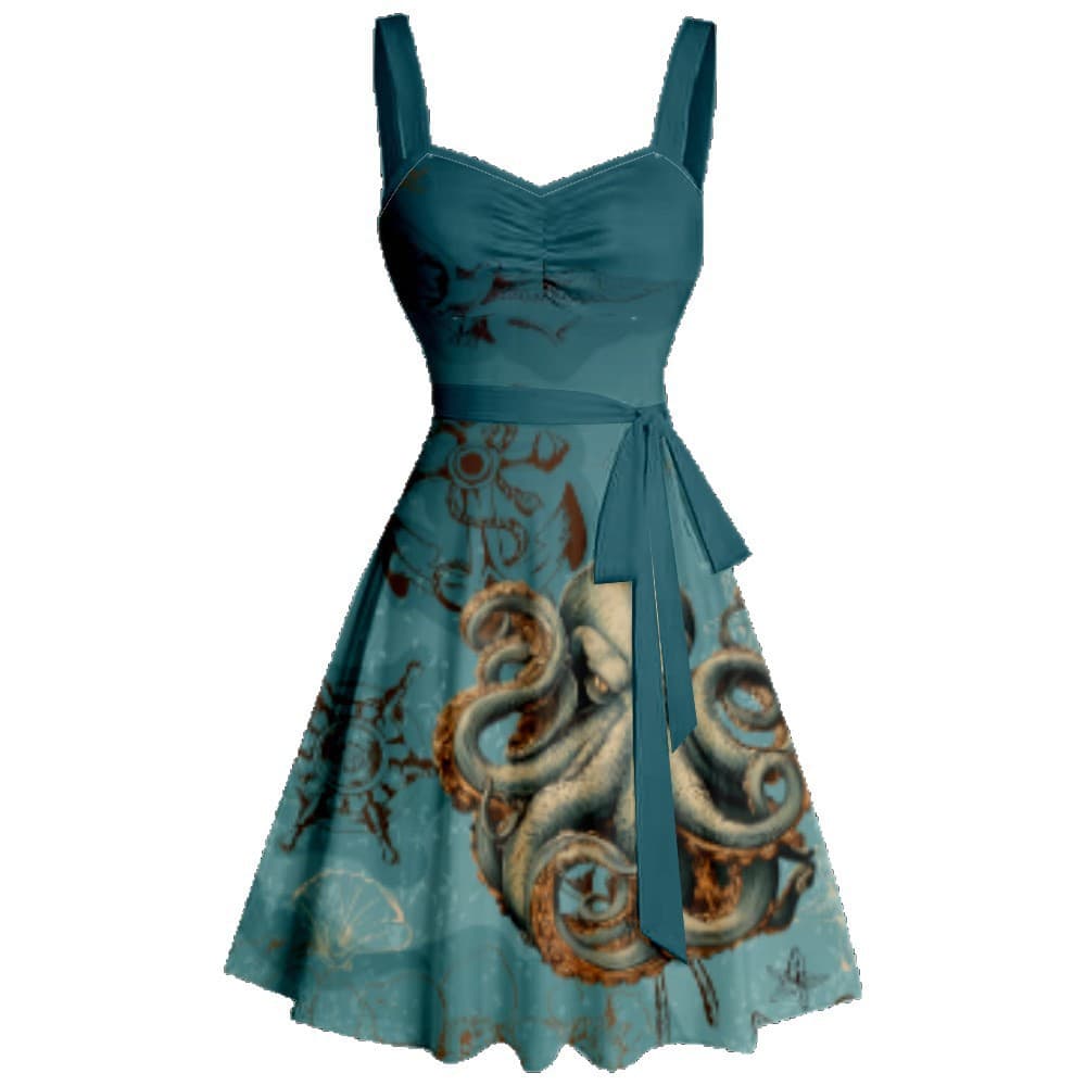 Amazon independent site plus size suspender dress marine element pattern print suspender dress
