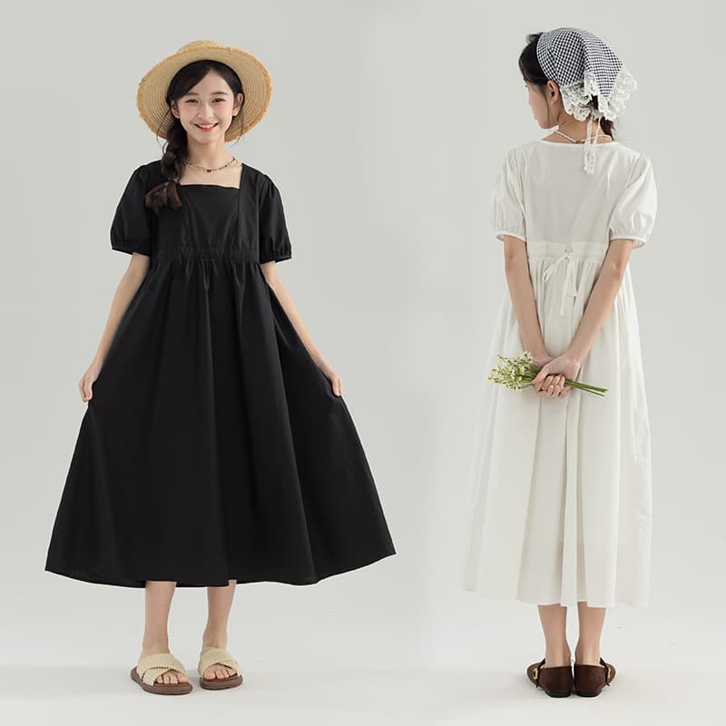 Girls' White Dress, New Summer Style, Parent-Child Matching Outfit, Square Neck, Short Sleeves, Waist-Cinching, Mid-Length, Stylish Dress