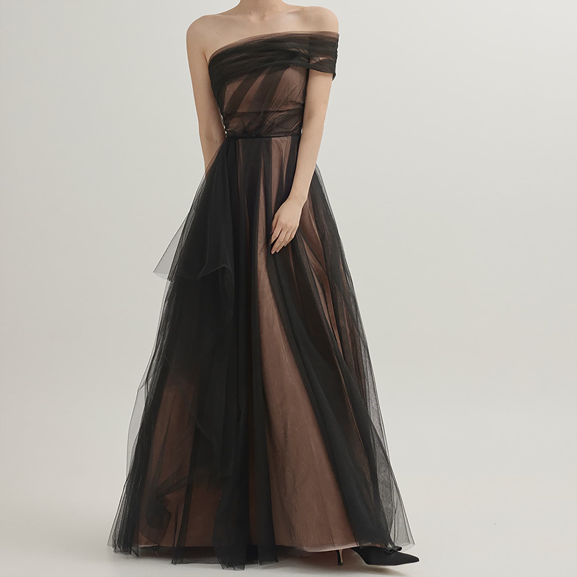 Korean-style Light Wedding Dress One-Shoulder Black Slimming Mesh High-End Party Birthday Banquet Elegant Unique Evening Gown