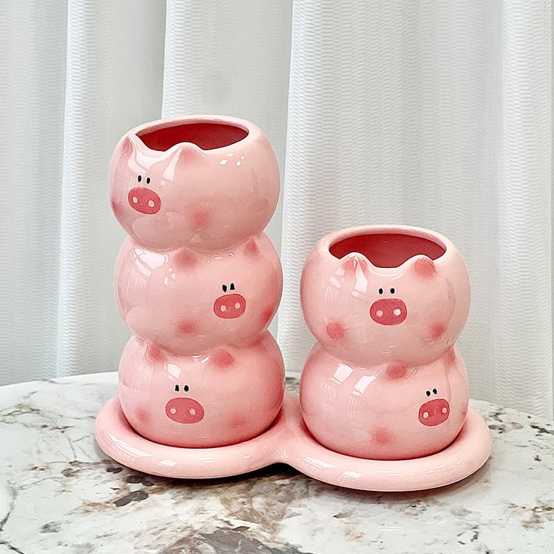 Pig-shaped Ceramic Drainage Chopstick Holder, High Aesthetics for Dining Table, Household Kitchen Countertop Spoon, Knife, and Fork Basket