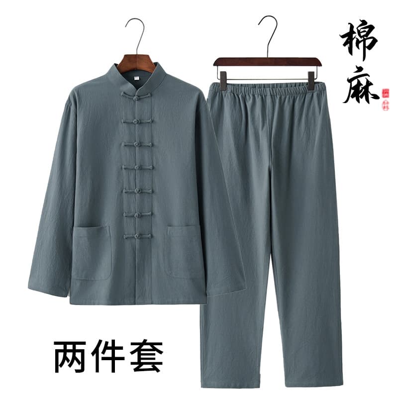 Tu'er Cotton-Linen Tang Suit Men's Long Sleeve Set Spring Autumn Linen Chinese Style Men's Clothing Retro Zen Wear