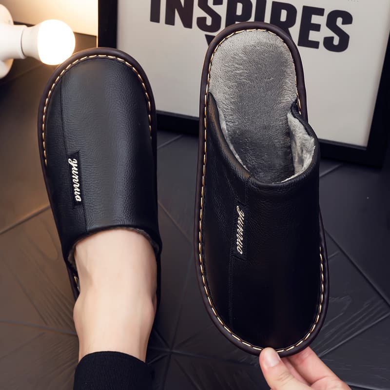 Cowhide Surface Waterproof Autumn/Winter Cotton Slippers for Women, Indoor Thick Sole Non-Slip Home Shoes for Men, Winter Warm Factory Stock