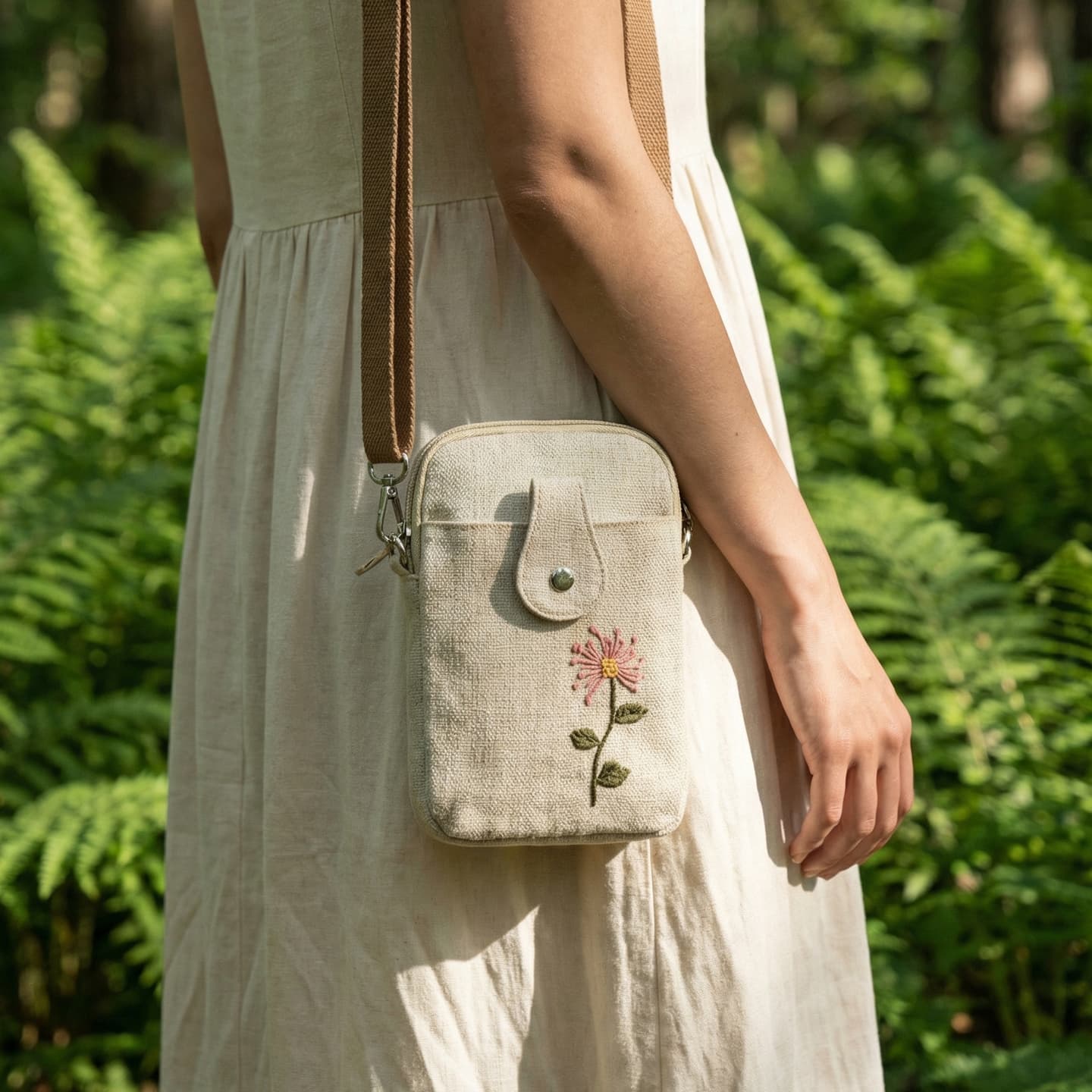 Buye ethnic style hand-stitched flower small square bag women's crossbody bag lightweight pastoral style multi-compartment mobile phone bag