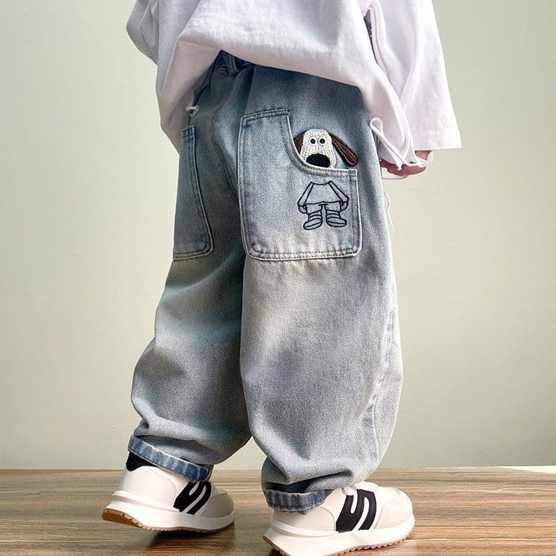 Boys' pants spring and autumn new Korean style children's puppy embroidered jeans spring boys baby spring trousers