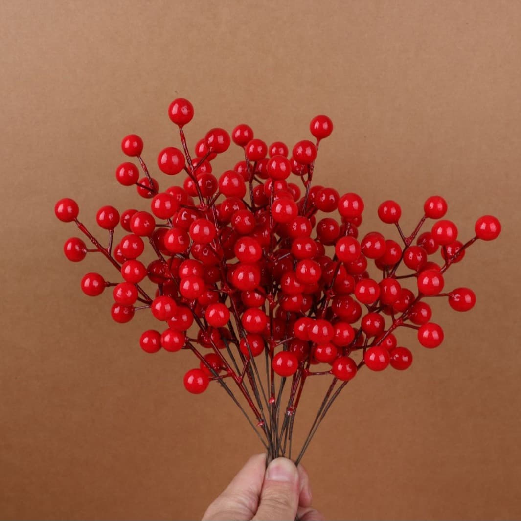 Simulated red berries with 12 branches, holly berries, lucky fruit, New Year decoration, red berries, living room berry ornament, Christmas red berries