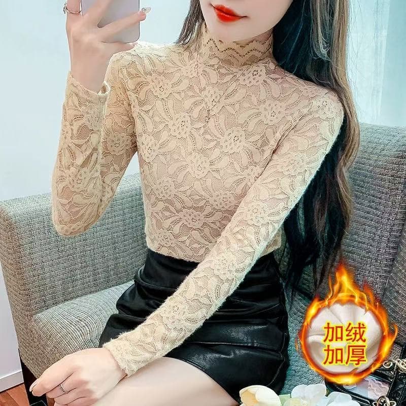 Trending Velvet Lining Stylish Inner Top Women Warm Versatile Blouse Autumn Winter New Lace Camisole