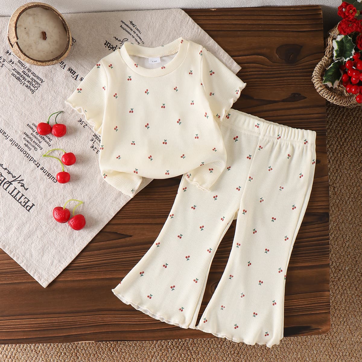 Baby Girls Clothes 0-3Y Summer Short Sleeve Cherry T-Shirt + Flared Long Pants In Stock