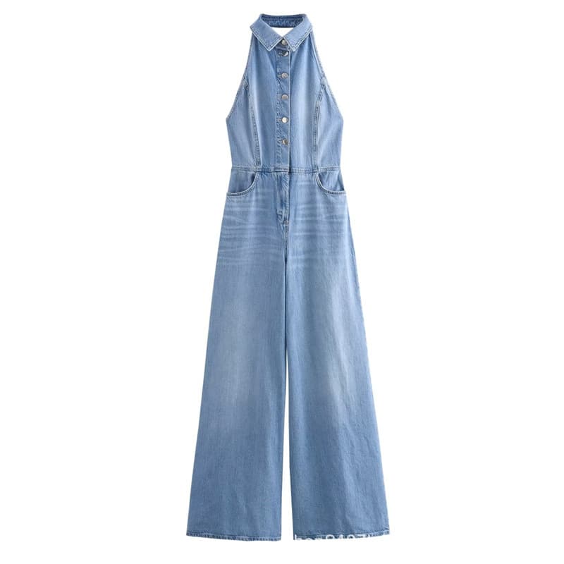 Wholesale 2024 European and American Style Women's Fashion Solid Color Backless Loose Casual Denim Jumpsuit 6147125