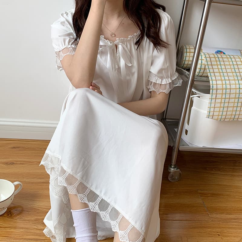 French Palace Lace Sleep Dress Women Short Sleeve Pajamas Cartoon Homewear Set Women Internet Celebrity Sexy