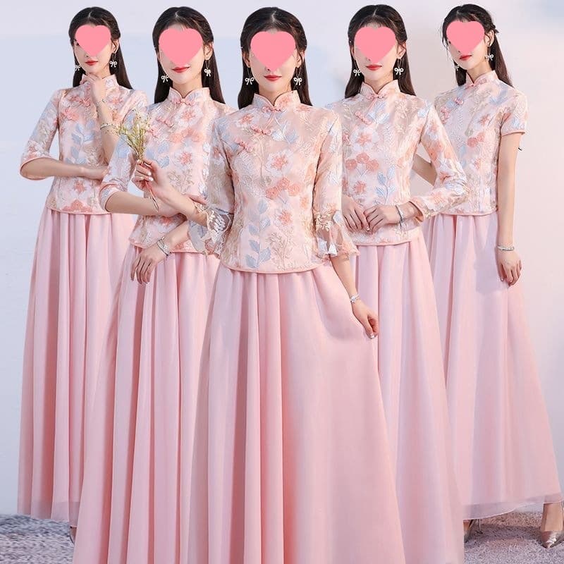 Chinese bridesmaid dress long retro Chinese style stand collar 2026 new summer evening dress besties group small girls