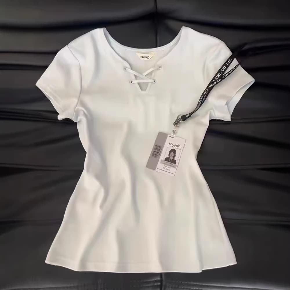 Baby Blue V-Neck Tie Design Short Sleeve T-Shirt for Women, Summer Slim Fit Cropped Sweet and Spicy Unique Slimming Top