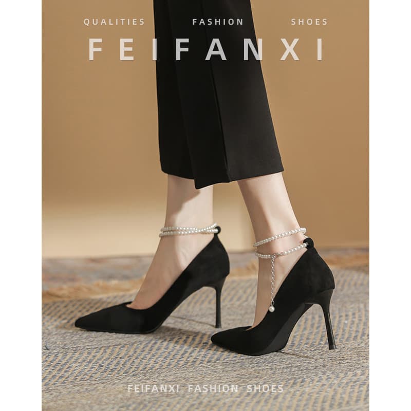 Black High Heel Shoes for Women 2024 New Summer Style, Thin Heel Pointed Toe with Pearl Ankle Strap, Premium Single Shoes, Comfortable to Wear