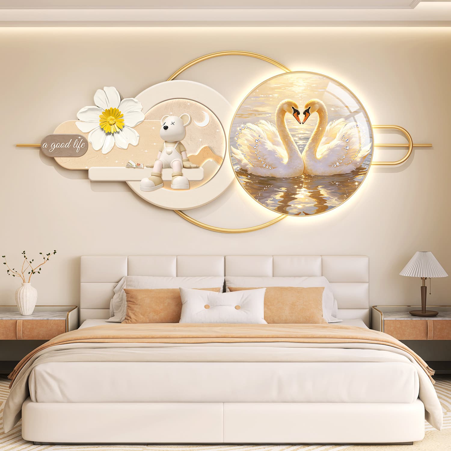 Cream style room decoration painting bedroom background wall swan hanging painting bedside LED lamp painting high-end luminous mural