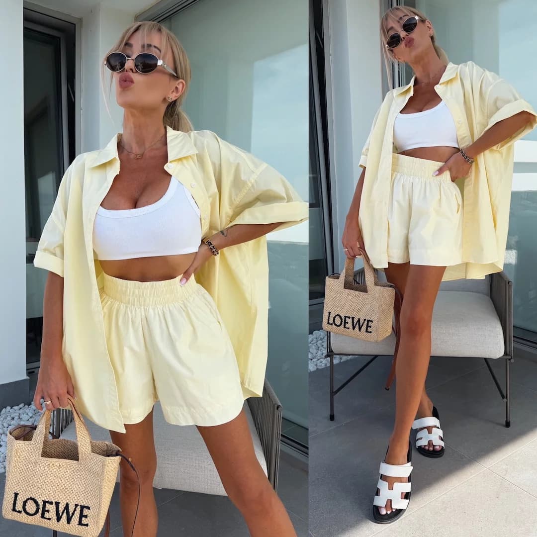 European and American New 2026 Spring Summer Casual Women's Set Solid Short Sleeve Shirt Elastic Waistband Sports Shorts Two-Piece Set