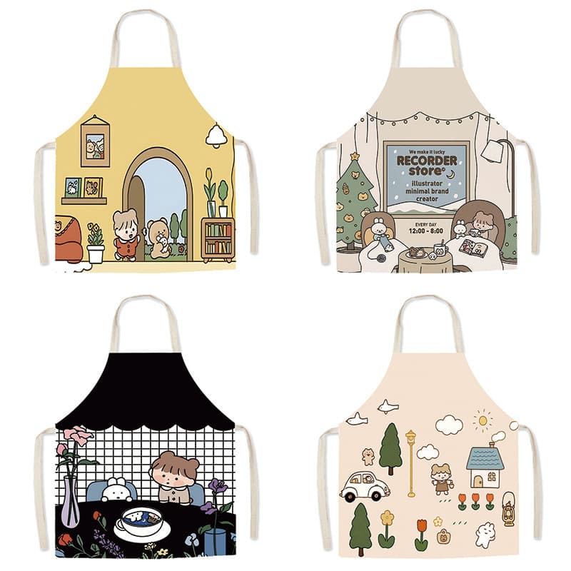 Cartoon fabric sleeveless apron, cute baking kitchen belt, home decor, personalized parent-child cooking art studio stain-resistant smock.