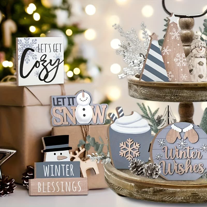 Cross-border best-selling 6-piece winter tiered tray decoration gray winter snowflake Christmas creative wooden set