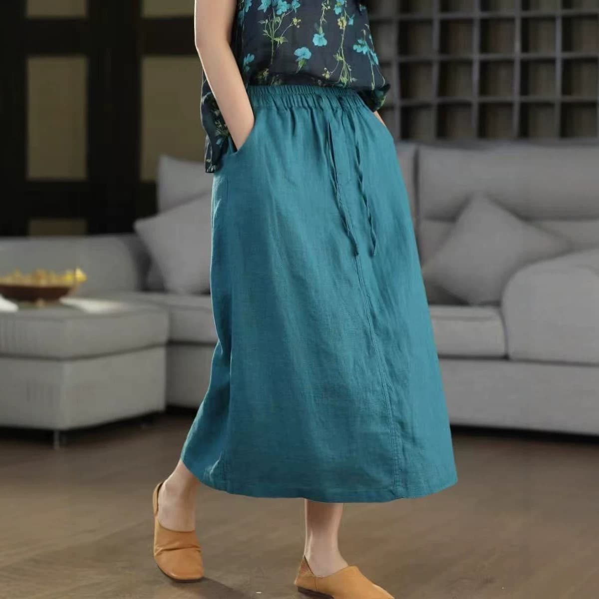 Retro 100% Linen Skirt for Women, Elastic Waist, Slimming Mid-Length A-Line Skirt, Artistic Long Skirt Summer