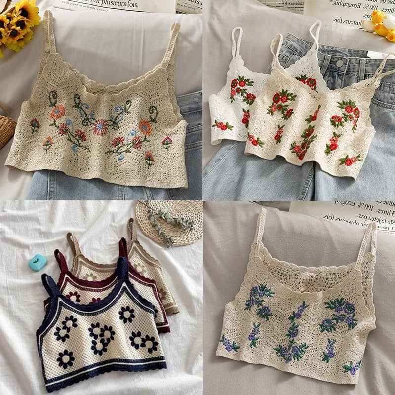 Trendy Embroidered Knit Camisole Vest for Women, New Summer Slim Loose Short Top, Wearable as Outerwear