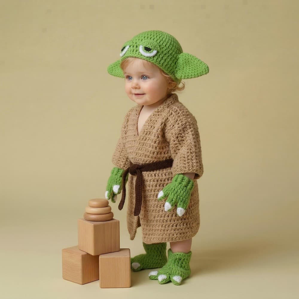 Halloween Star Wars Baby Yoda Knit Cosplay Costume for Infants, Newborn 100 Days Photo Studio Prop