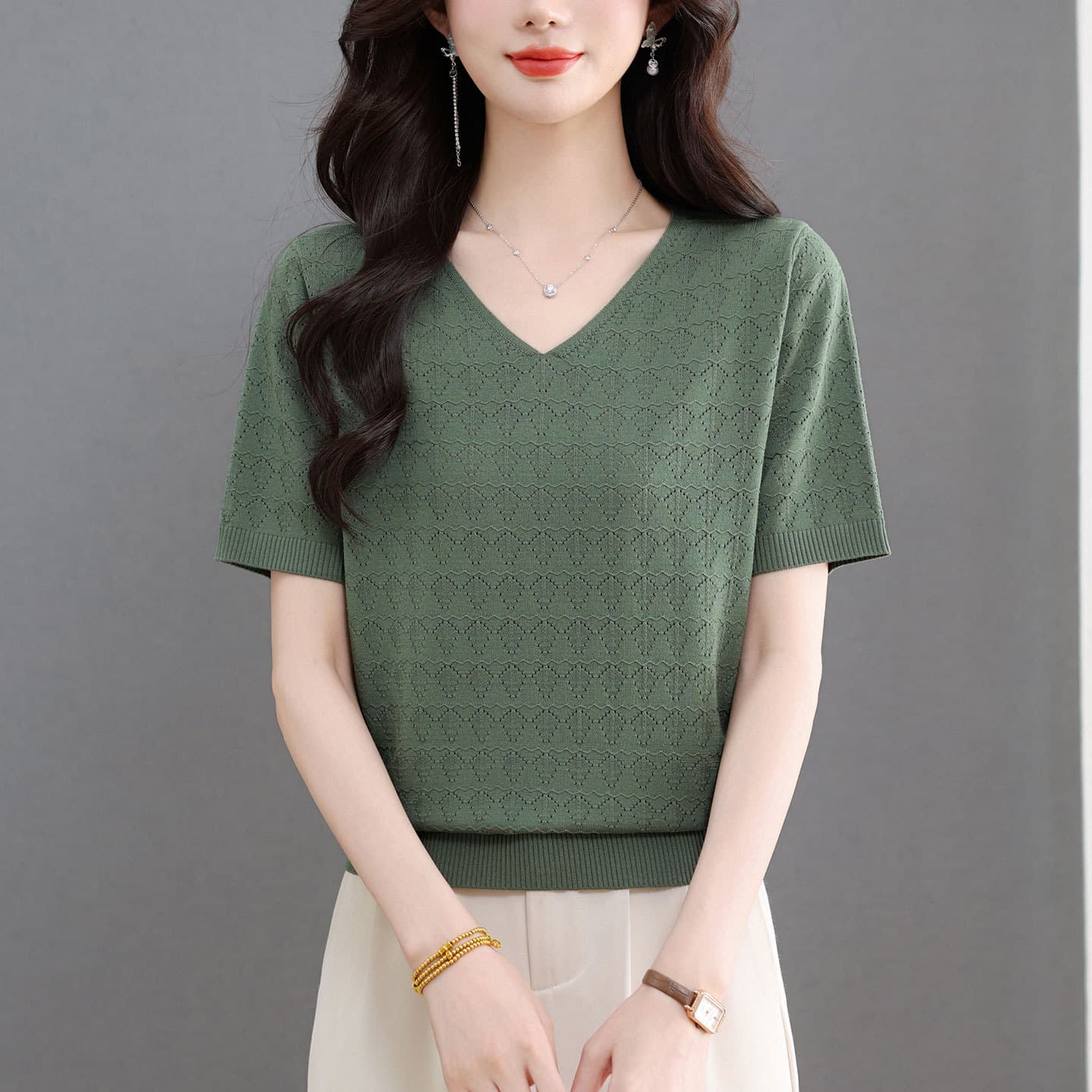[Factory Direct Supply] Summer Lyocell Tencel Short-Sleeve T-Shirt for Women, V-Neck Versatile Solid Color Thin Silk Top