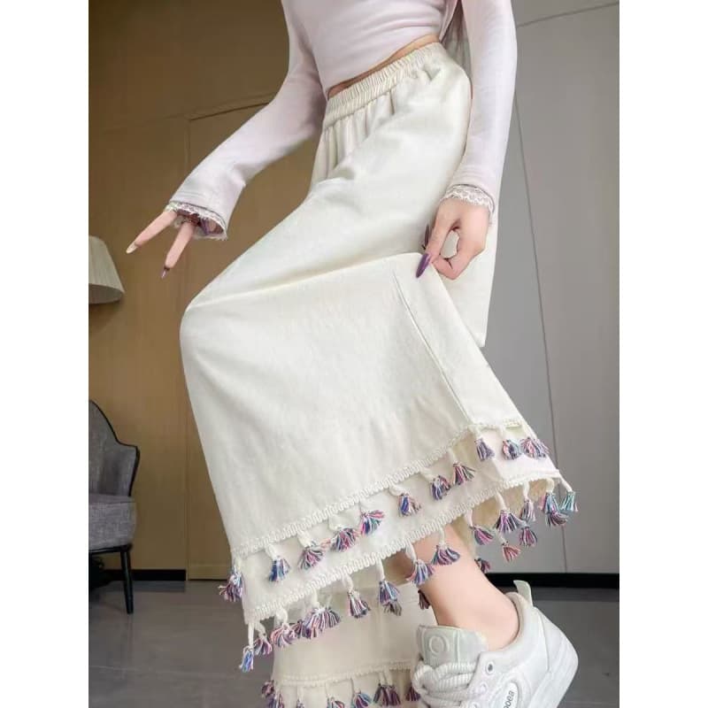 Cropped Pants with Fringe Hem Wide Leg Pants for Women, 2026 New Summer High Waist Loose Flowy Casual Trousers