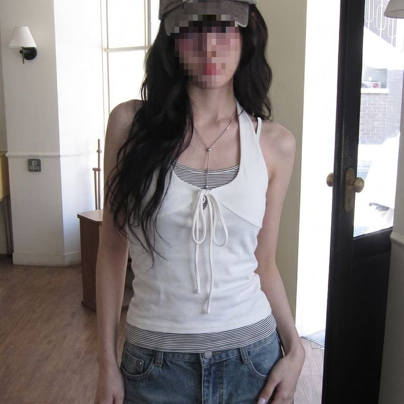 Hot girl design camisole women's summer slimming striped splicing short fake two-piece unique top