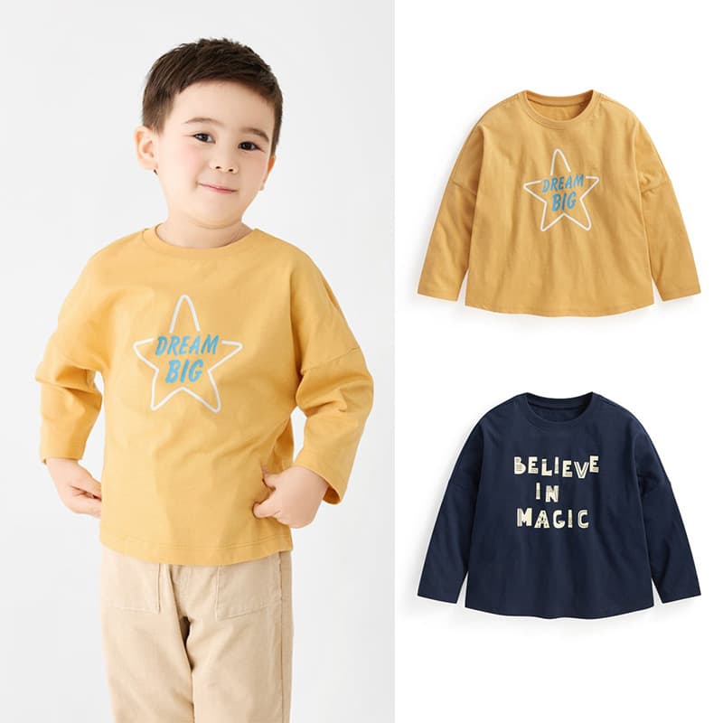 Spring and Autumn Boys Long Sleeve T-Shirt Children's Pure Cotton Long Sleeve Shirt Slub Cotton Breathable Base Layer New Drop Shoulder T-Shirt