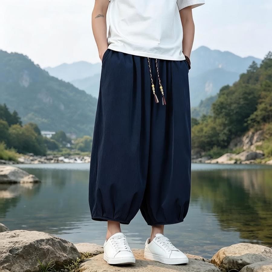 2026 Summer New Style Chinese Style Men's Loose Wide Leg Cropped Pants Big Size Solid Breathable Casual Harem Pants