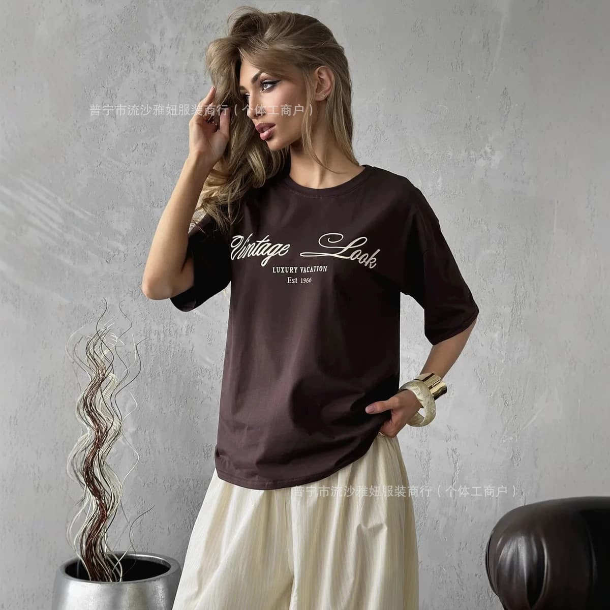 American Summer Vintage Retro Hip Hop Letter Print Commuter 100% Cotton Short Sleeve T-Shirt Women