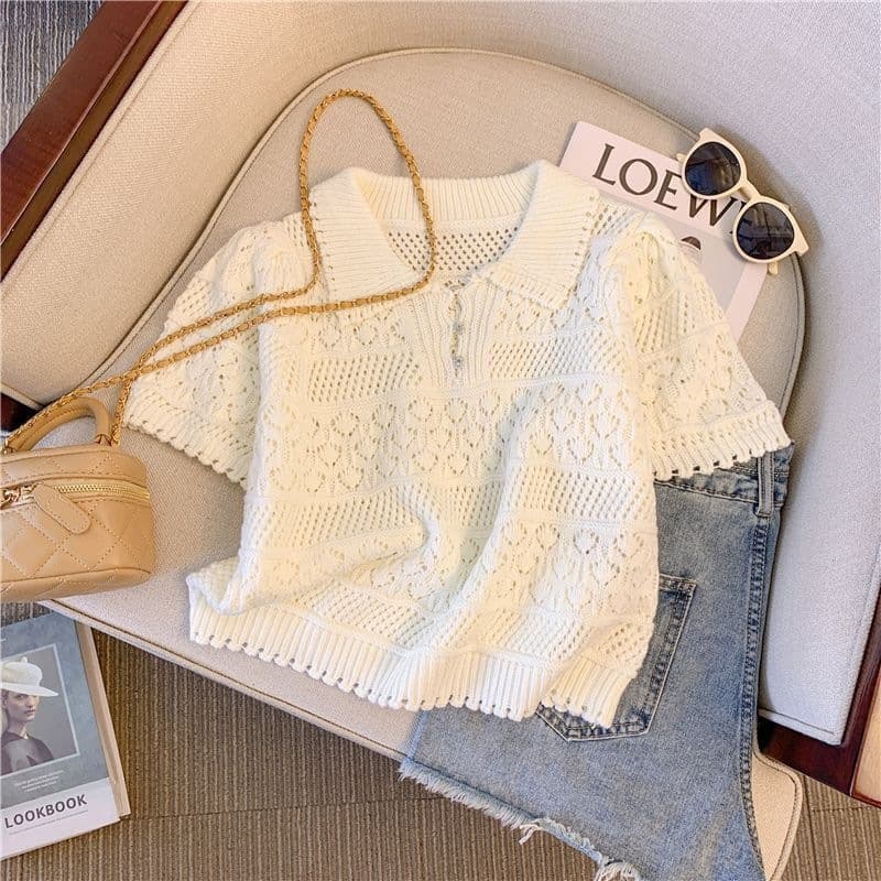 French Sweet Hollow Neck Blouse Women 2026 Summer Design High-Waist Thin Knit Crochet Short Sleeve Top