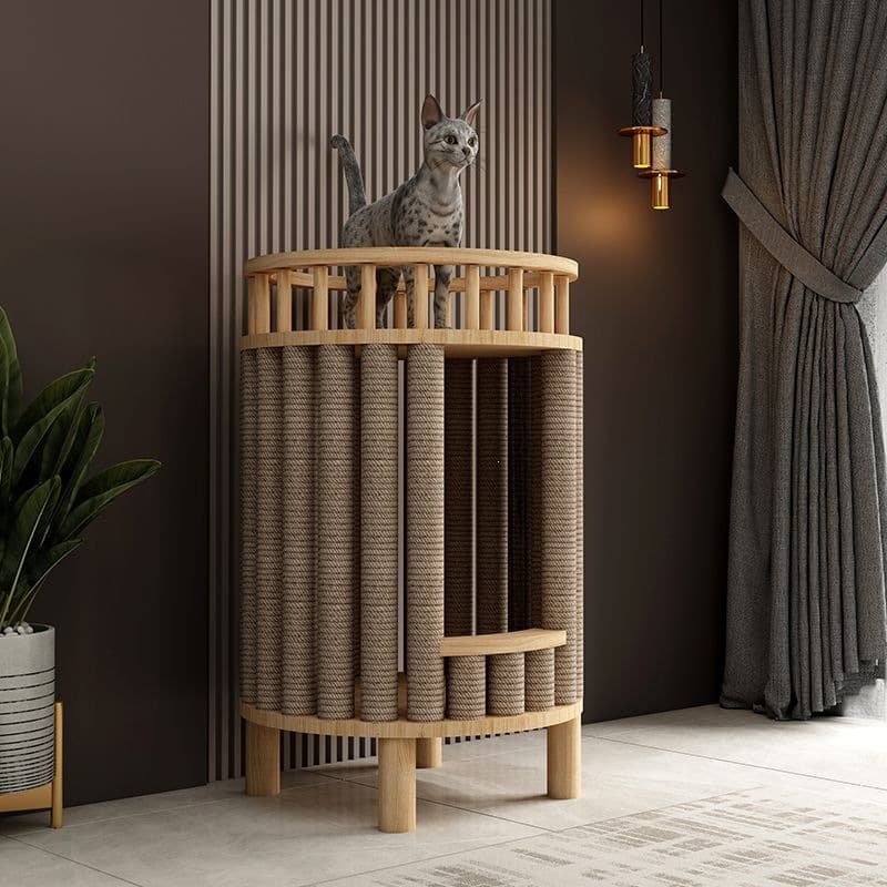 Solid Wood Cat Tree and Condo with Integrated Cat House, Bedside Table, Toy, and Space Capsule for Cats