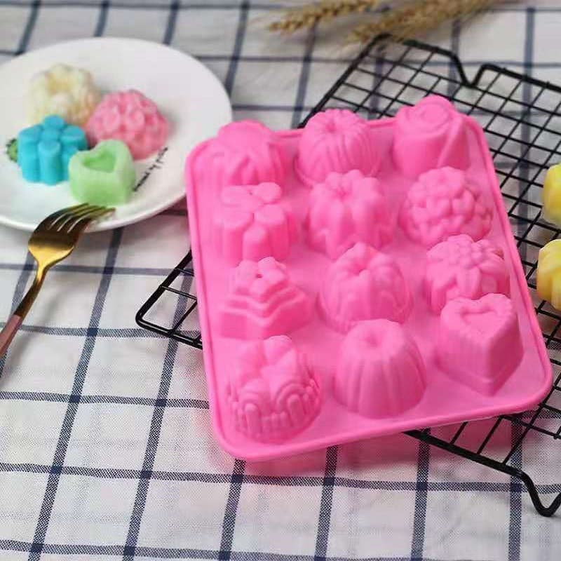 12-Cavity Flower, Heart & Star Shaped Cake Mold, Chocolate Pudding Silicone Mold, Soap Mold, Baking Mold