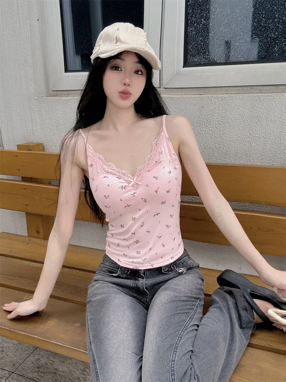 New Summer Sweet Floral Print Lace Trim Sexy Camisole Top with Built-in Pads for Women