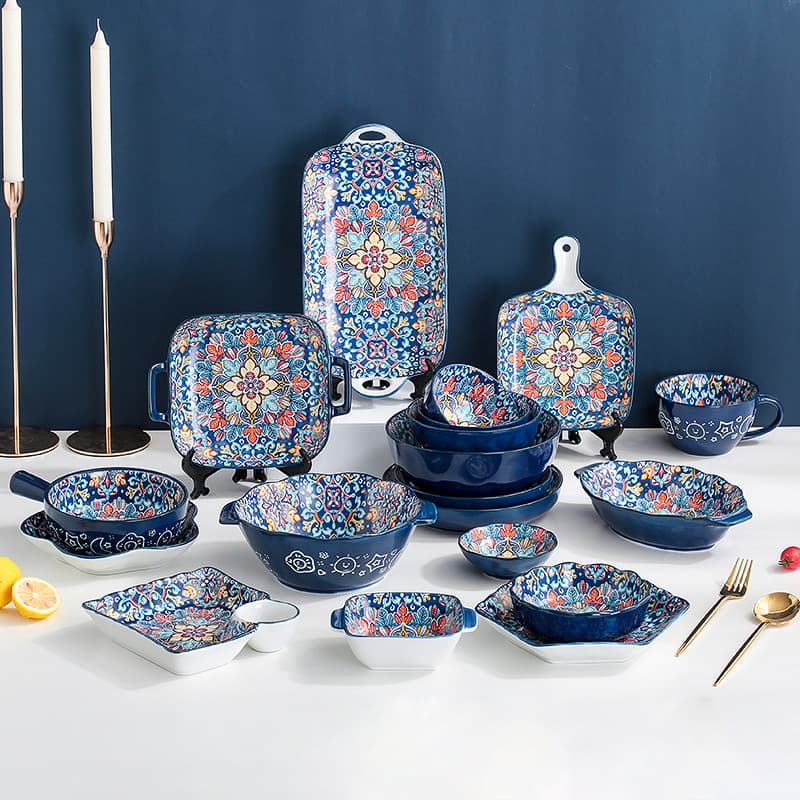 Bohemian underglaze ceramic dinnerware shallow plate, artistic cold dish plate, creative restaurant serving plate, exotic style tableware