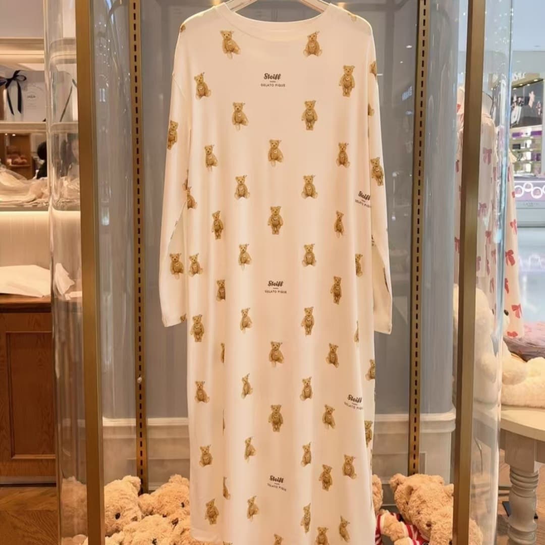 Gp Pajamas Label-Free Soft and Fluffy Spring Ice Cream Bear Plush Print Soft Round Neck Long-Sleeved Nightgown Dress