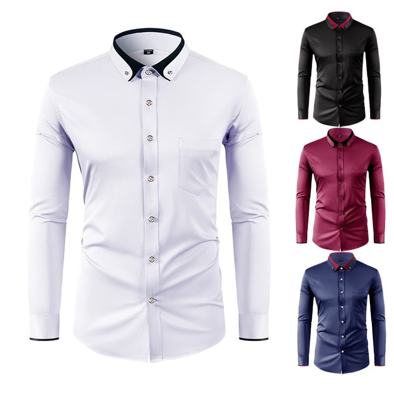 Amazon Four-Way Stretch Shirt Men, Color-Blocking Collar with Stud Buttons Long-Sleeve Shirt, Business Casual Men's Export Non-Iron Wear-Resistant
