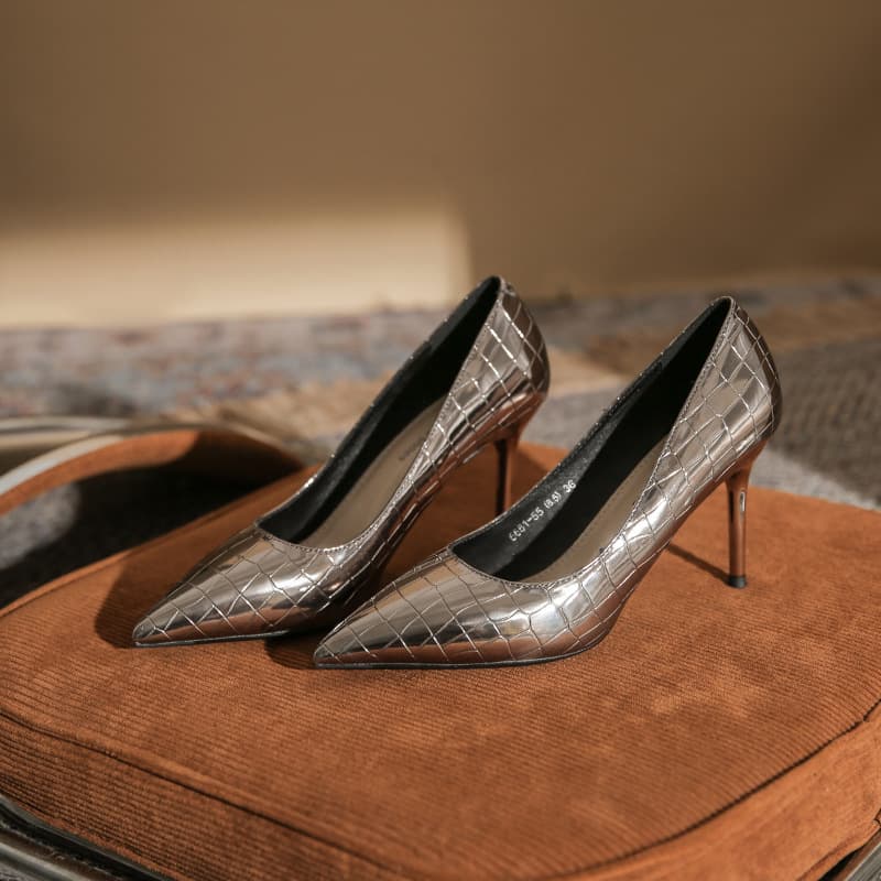 6681-55 Korean Style Square Heel Women's Elegant Thin Heel Pointed Toe Patent Leather Silver Annual Meeting Dress Shoes