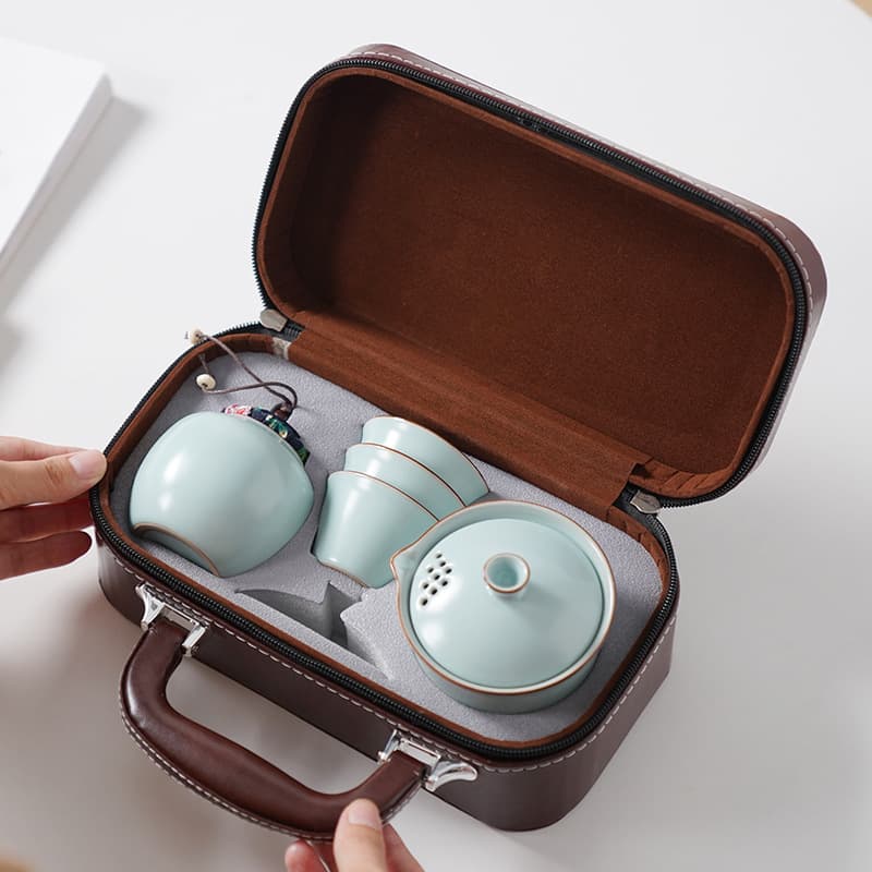 Travel Tea Set Portable Ru Kiln Quick Cup One Pot Three Cups Outdoor Business Gift with Printed Logo Souvenir