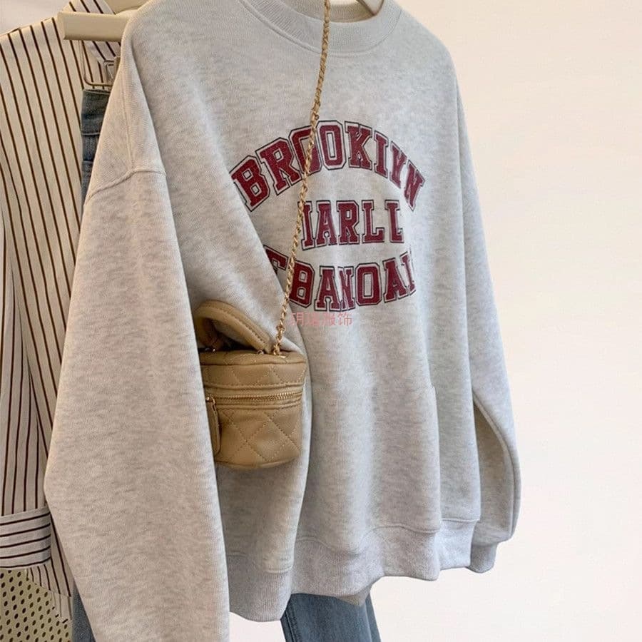 Spring/Autumn Round Neck Thin Sweatshirt for Women, Hong Kong Style Retro New Casual Loose Fit Slimming Versatile Fleece-Lined Top Sweater