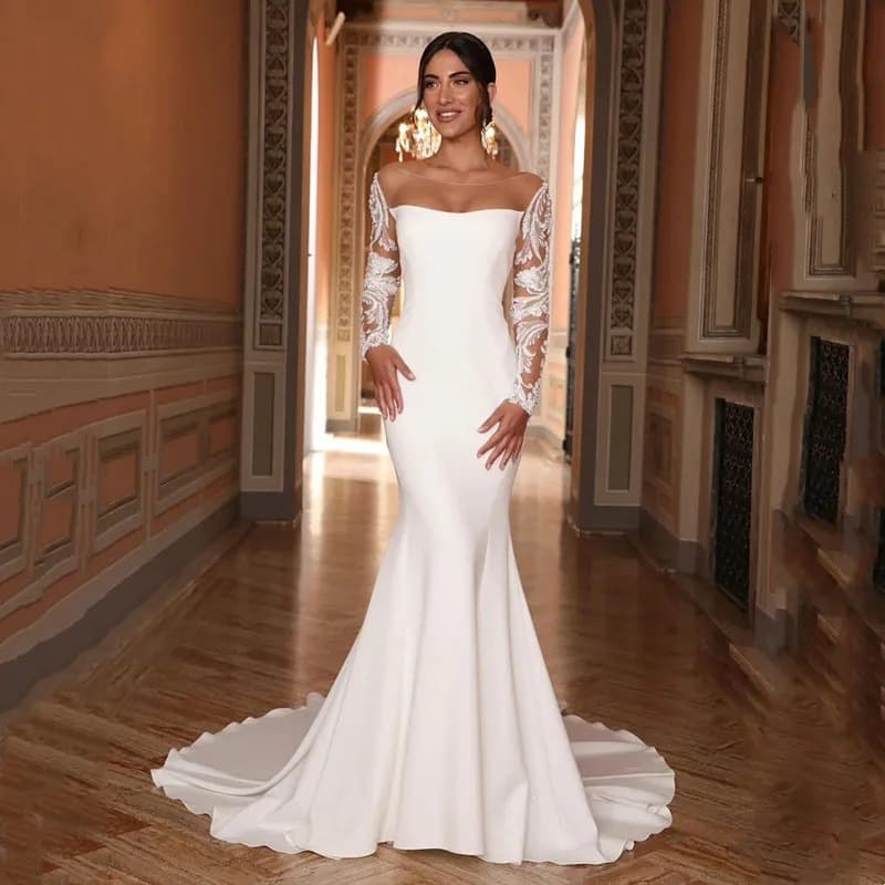 Foreign trade light wedding dress new Amazon cross-border trailing slim long-sleeved bride main wedding dress dinner party main yarn