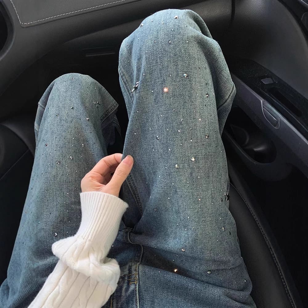 American Heavy Rhinestone Denim Jeans for Women Spring/Fall 2025 New Design Loose Fit Slimming Wide Leg Pants