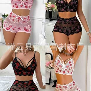 Cross-Border European American Sexy Lingerie Set Lace See-Through Red Lip Embroidery Bra Shorts Passionate Costume