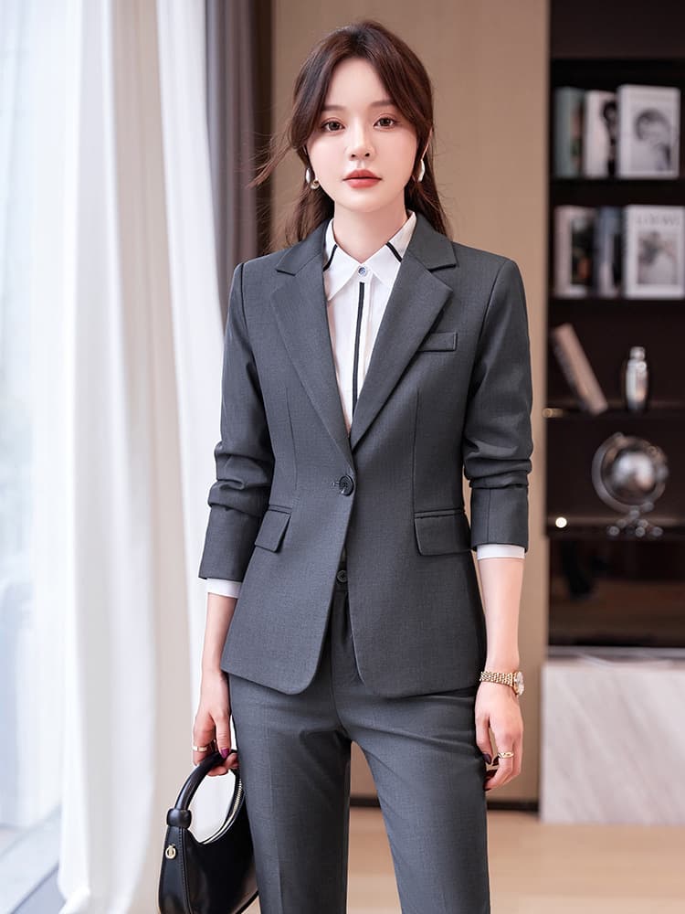 Gray Suit Set for Women Spring Autumn Professional Wear College Interview Formal Work Suit Slim Fit Blazer