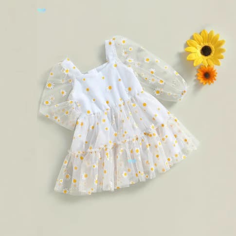 New Cross-Border Summer Dress for Girls Sweet Mesh Princess Dress Daisy Pattern