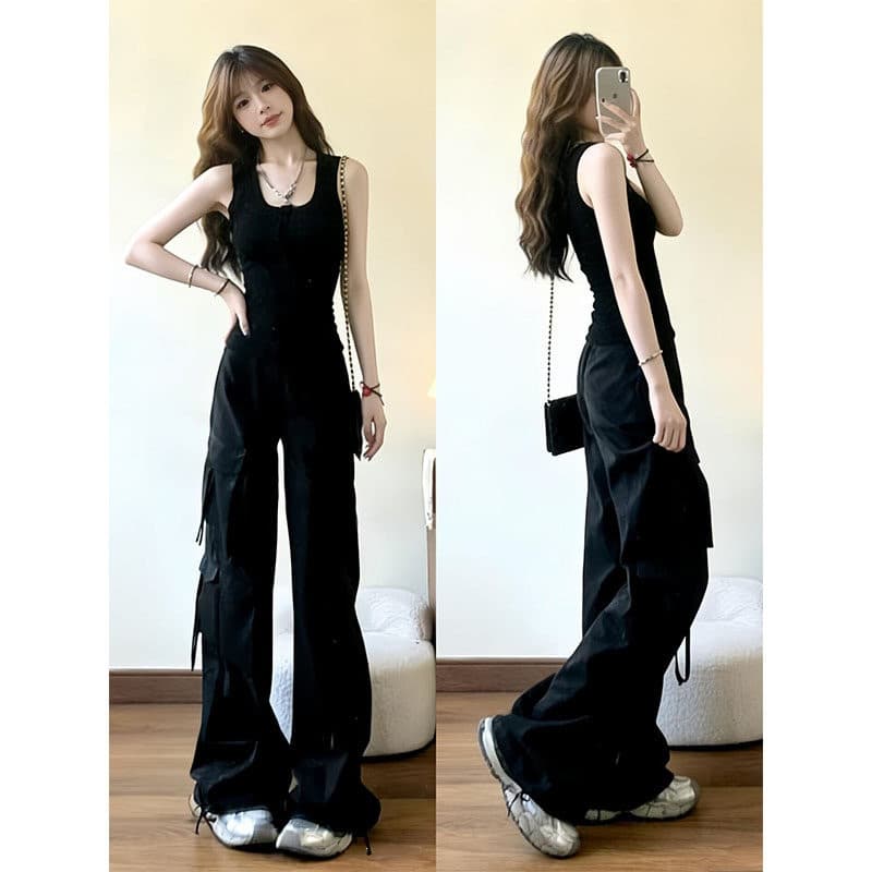 American Retro Sportswear Set for Women Summer Slim Fashion Vest Cargo Wide Leg Pants Casual Two-Piece Running Set