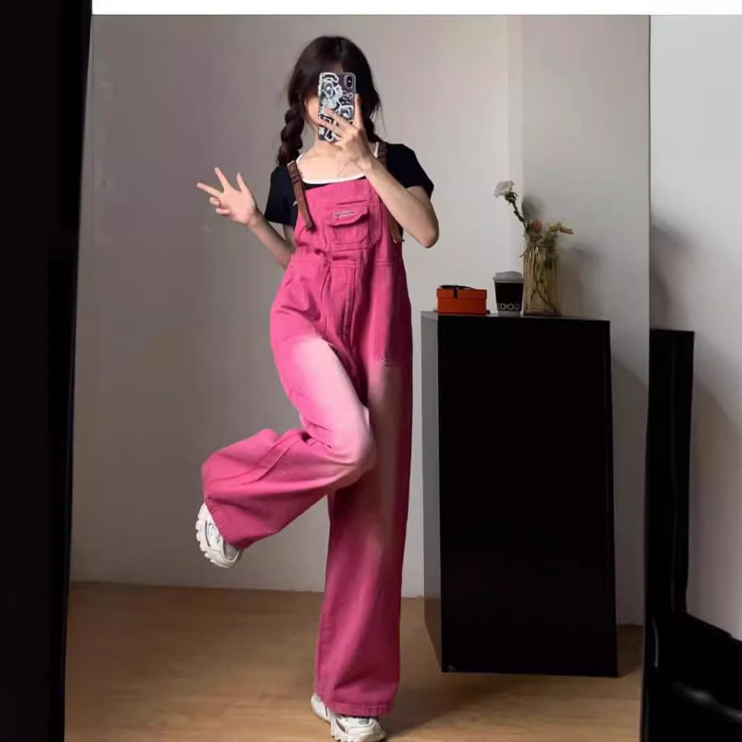 Red Dragon Fruit Retro Color Denim Overalls Women's Loose Straight Leg Summer Wide Leg Pants Comfortable Casual Style