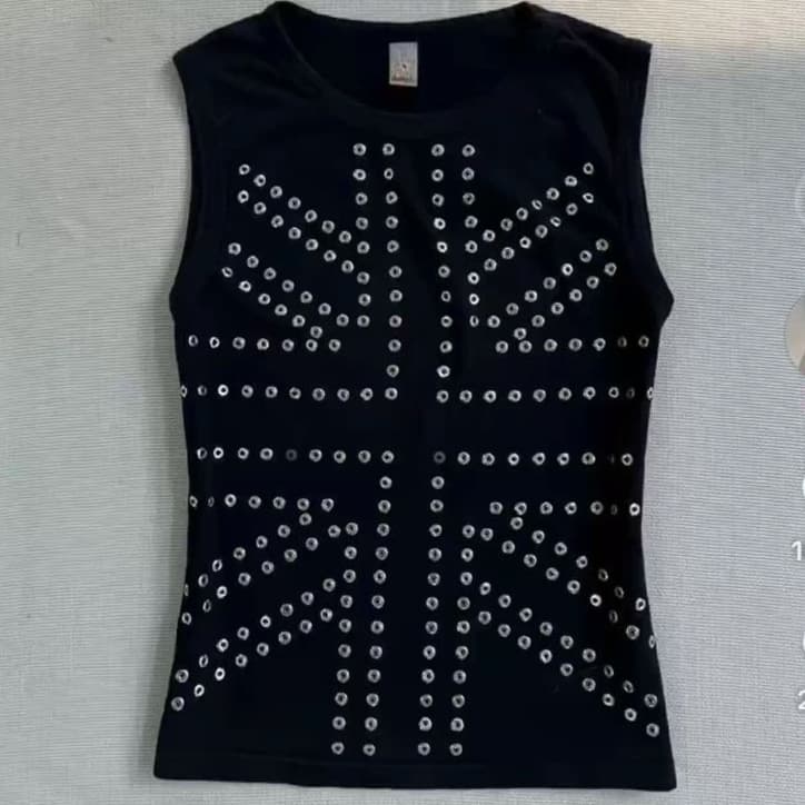 2026 Dark Gothic Rhinestone Print UK Flag Long Sleeve Black Vest